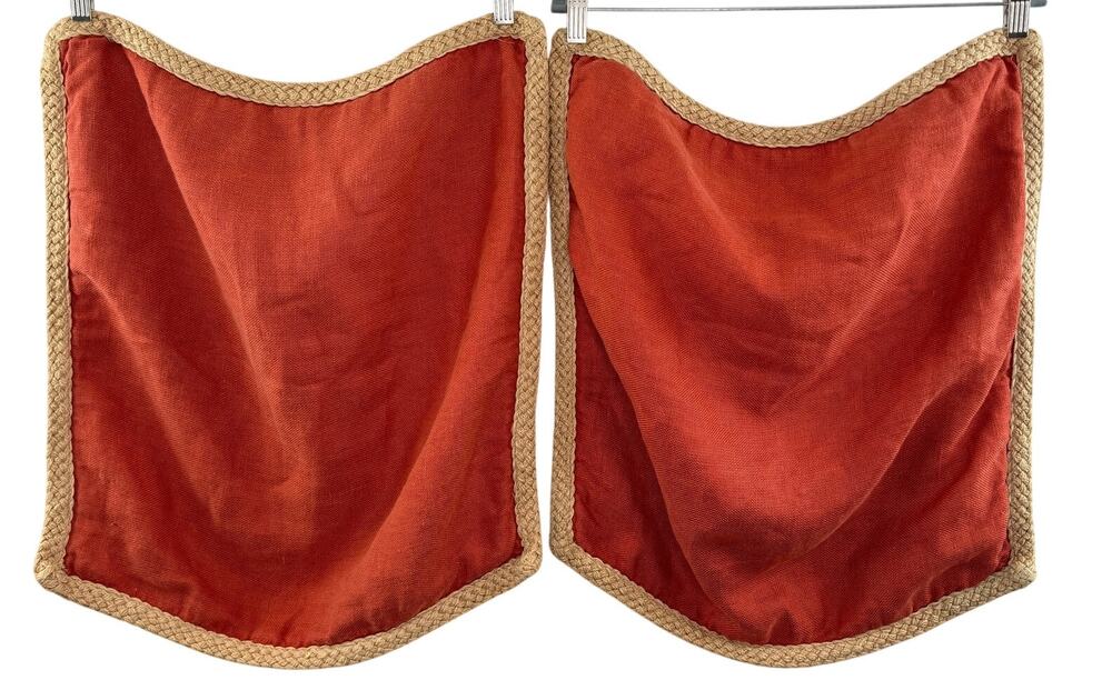 Set of 2 POTTERY BARN Orange Beige Pillow Cases Linen Jute Braided Trim Square